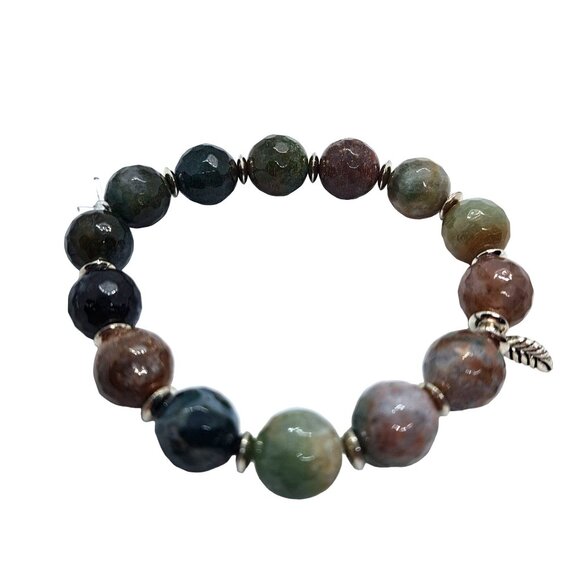 Jasper beaded stretch bracelet green leaf charm - Picture 1 of 2